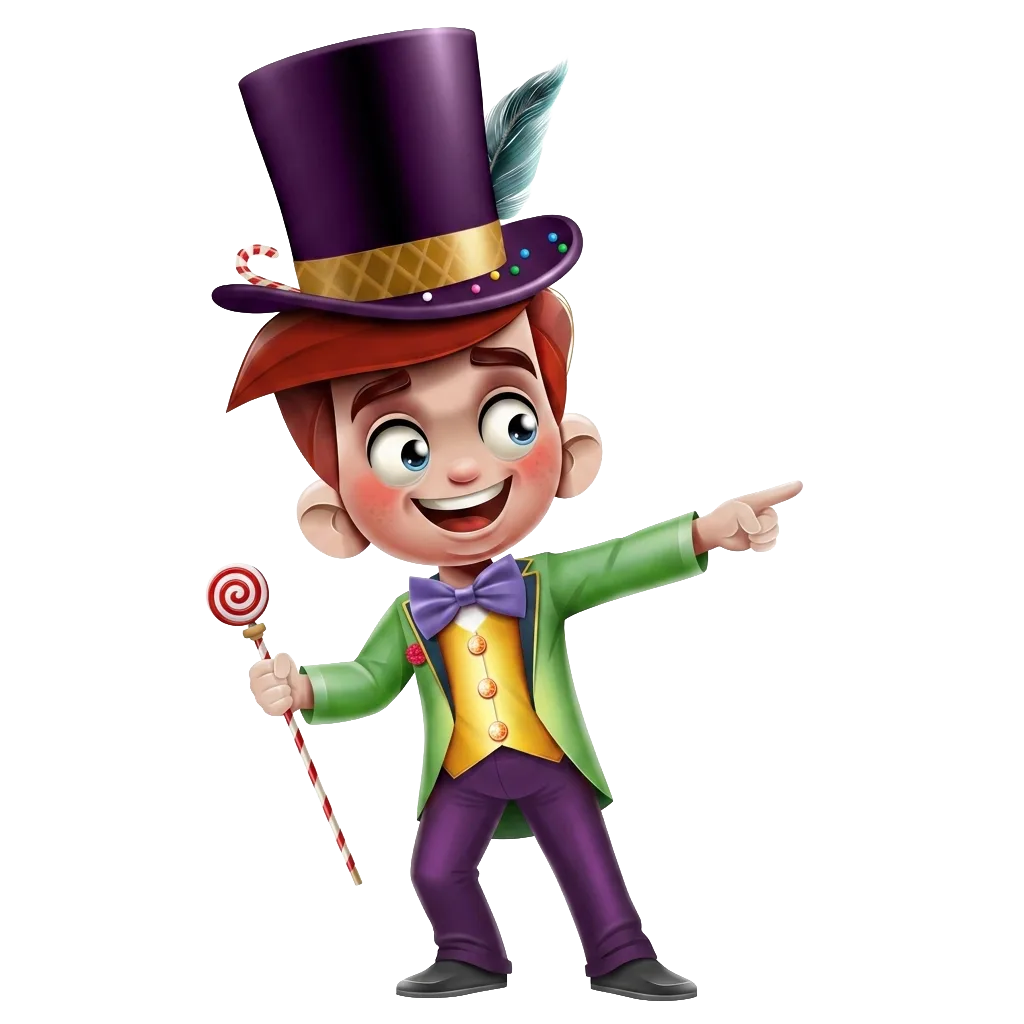 Wonka mascot pointing